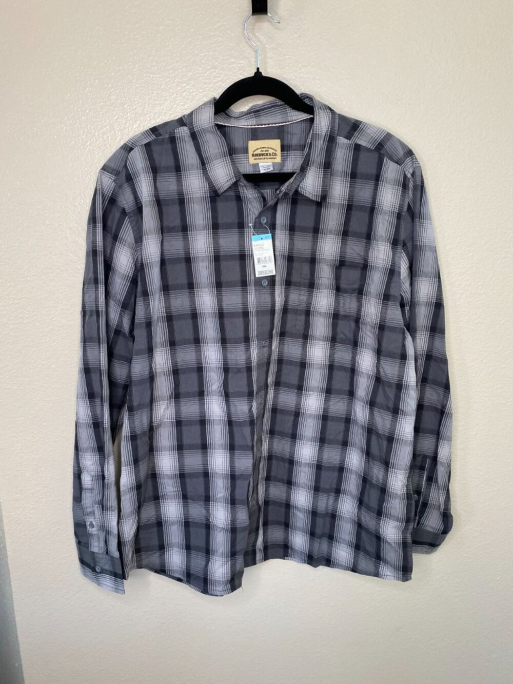 Roebuck & Co. Mens Gray/Black Plaid Button-Up Long-Sleeve Shirt XXL Cotton NEW